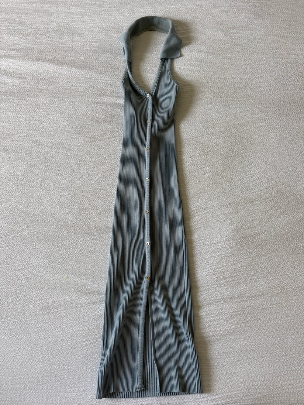 Zara Ribbed Button-Front Midi Dress in Slate Blue-Gray